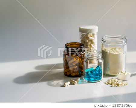 Glass jars with capsules and protein powder on white table with wooden scoop in bright natural sunlight and soft shadows 128737566