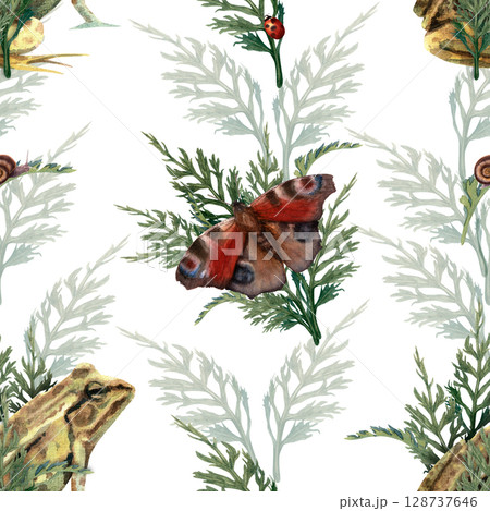Seamless pattern on a white background with forest animals and insects and leaves. Watercolor illustration of a butterfly, frog, snail and ladybug surrounded by leaves. Seamless pattern on a white background with forest animals and insects and leaves. Watercolor illustration of a butterfly, frog, snail and ladybug surrounded by leaves. 128737646