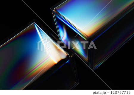 Abstract black 3d background, glass translucent cube blocks with rainbow light prism effect. Iridescent crystal diagonal pattern. Vibrant rectangle shapes, digital technology design. 3D illustration Abstract black 3d background, glass translucent cube blocks with rainbow light prism effect. Iridescent crystal diagonal pattern. Vibrant rectangle shapes, digital technology design. 3D illustration 128737715