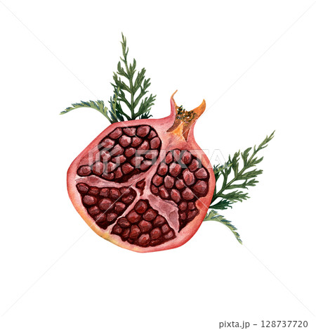 Half of pomegranate fruit cut with leaves. Watercolor hand drawn illustration. 128737720