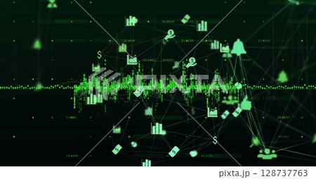 Image of data processing and network of connections over dark background 128737763