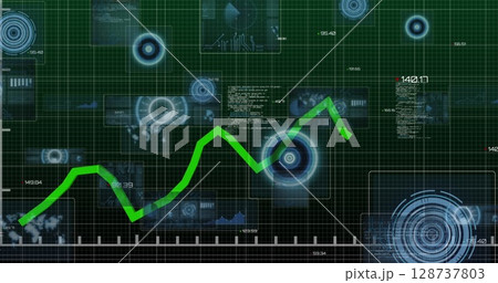 Image of data processing with green line over scopes scanning on black background 128737803