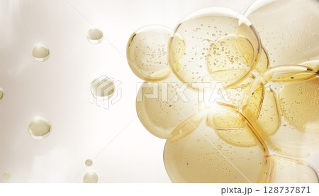 3d background with oil drops texture, omega bubbles, gold liquid transparent droplets. Cosmetic skin care product, serum, collagen gel, hyaluronic essence. Honey or yellow water balls. 3D illustration 128737871