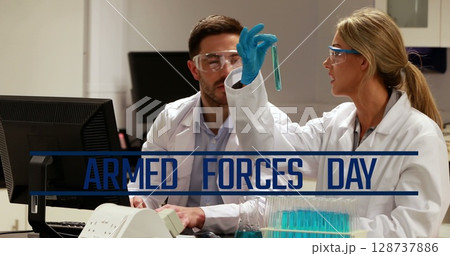 Image of scientific data processing over office workers wearing headsets 128737886