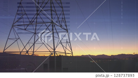 Image of financial data and graphs over cityscape and line Image of financial data and graphs over cityscape and line 128737893