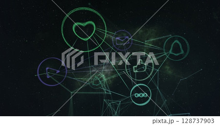 Network of digital icons against network of hexagons spinning on black background Network of digital icons against network of hexagons spinning on black background 128737903