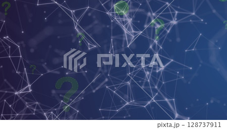Network of connections and multiple green question mark icon floating against blue background 128737911