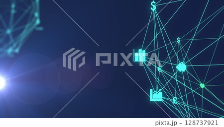 Two globes of digital icons spinning and spot of light against copy space on blue background 128737921