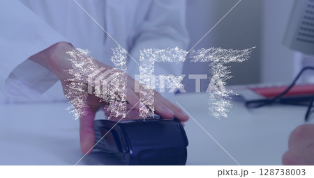 Image of nft text banner over mid section of man making a payment by his credit card Image of nft text banner over mid section of man making a payment by his credit card 128738003