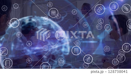 Network of digital icons over businesswoman giving a presentation in meeting room at office 128738041