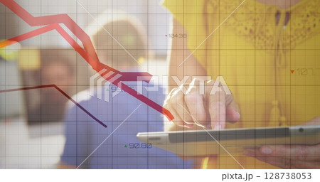 Image of data processing over caucasian businesswoman with tablet 128738053