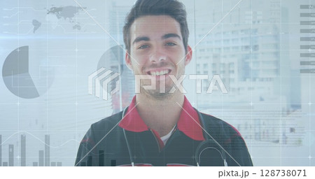 Image of data processing over caucasian male doctor 128738071