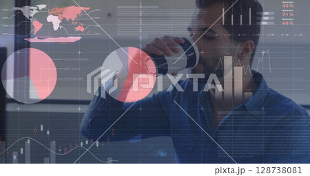 Image of data processing over caucasian businessman drinking coffee 128738081