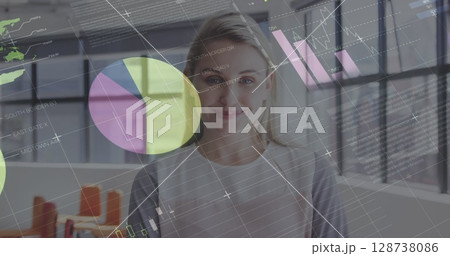 Image of data processing over caucasian businesswoman smiling 128738086