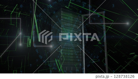 Blue light trails and data processing over computer server against black background Blue light trails and data processing over computer server against black background 128738126