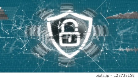 Image of network of connections and security padlock over blue background Image of network of connections and security padlock over blue background 128738159