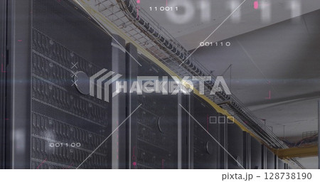Image of hacked text and data processing over server room 128738190