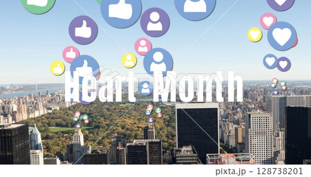 Image of heart month text and falling social media icons over cityscape 128738201