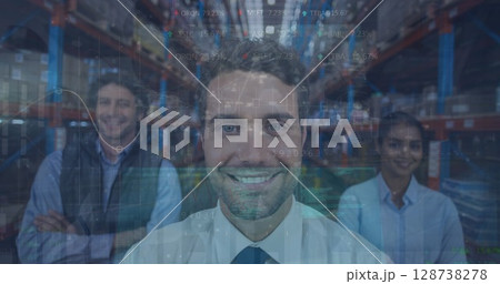 Image of data processing over man working in warehouse 128738278