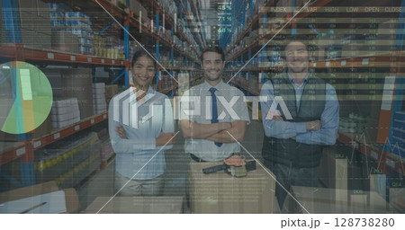 Image of data processing over diverse workers in warehouse Image of data processing over diverse workers in warehouse 128738280