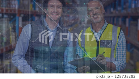 Image of statistics and financial data processing over delivery man and van 128738282