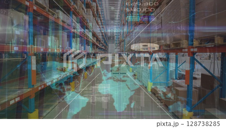 Image of world map and data processing over warehouse 128738285