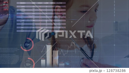 Image of data processing over caucasian female doctor treating girl 128738286