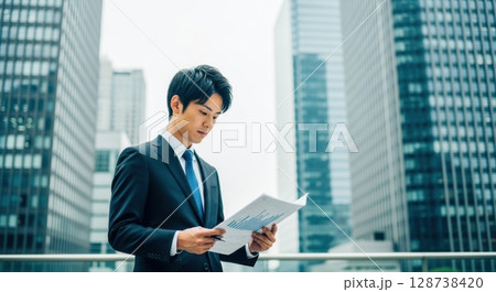 投資分析を行う若手ビジネスマンの屋外写真 128738420