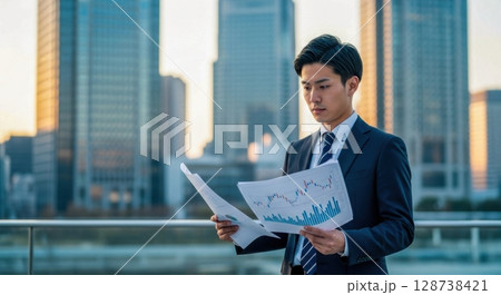 投資分析を行う若手ビジネスマンの屋外写真 128738421