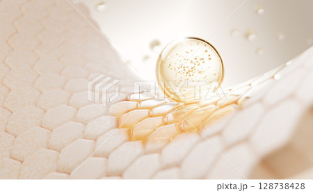 3d dry skin with oil drop texture. Epidermis surface with hexagon cell pattern, gold liquid bubble and stain of serum, collagen gel, hyaluronic essence. Cosmetic skincare background. 3D illustration 128738428