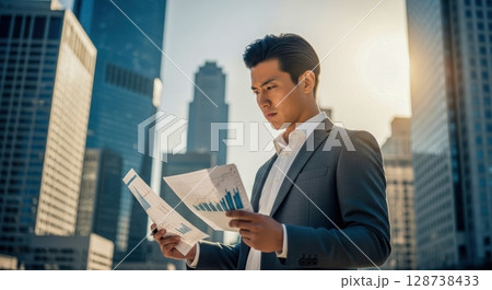 投資分析を行う若手ビジネスマンの屋外写真 128738433