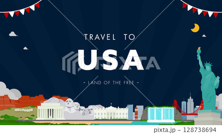 アメリカの観光地で飾られたアメリカ合衆国の広告背景テンプレート(夜) アメリカの観光地で飾られたアメリカ合衆国の広告背景テンプレート(夜) 128738694