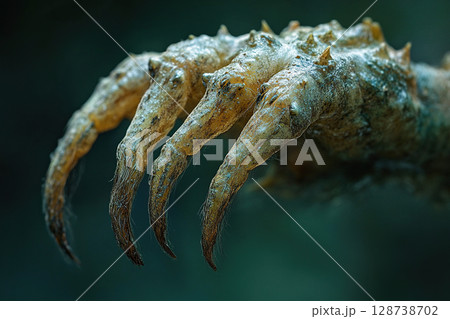 Macro photography of sharp monster claws on blurred empty background. Concept of fear and power. Generated by artificial intelligence 128738702