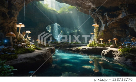 神秘の洞窟と光が差し込む幻想的なキノコの楽園 128738770