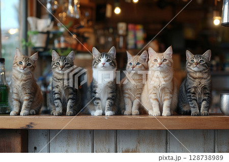 Cats sitting on a wooden bar counter of a street cafe. Funny scene with cats. 128738989
