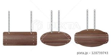 Rustic 3d wood board signs hanging on chains 128739743