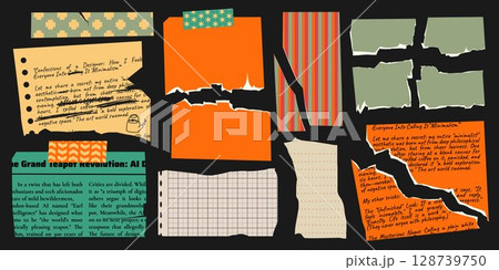 Vintage collage torn note papers with patterns 128739750
