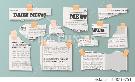 Vintage newspaper pieces with torn edges taped Vintage newspaper pieces with torn edges taped 128739751
