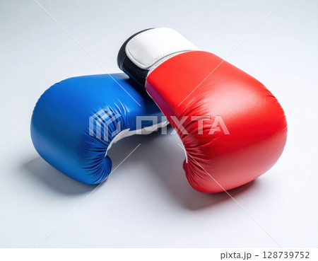 赤と青のレザーボクシンググローブ重ね撮り商品写真 128739752