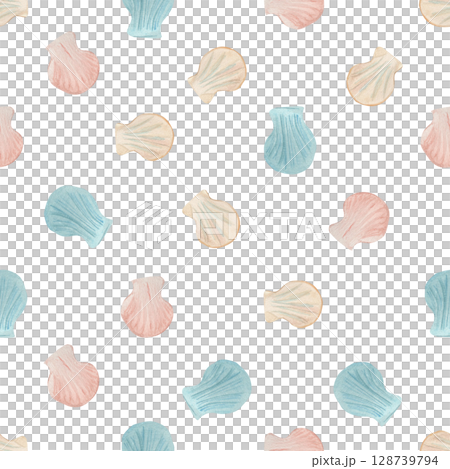 Seamless marine pattern with blue, beige and red shells. The background is hand-painted in watercolor. for the manufacture of fabrics, textiles, napkins, wrapping paper, postcards, decor, stationery 128739794