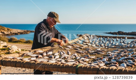 地元の海産物を干す漁師のリアルな作業写真 128739839