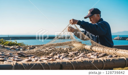 地元の海産物を干す漁師のリアルな作業写真 128739842