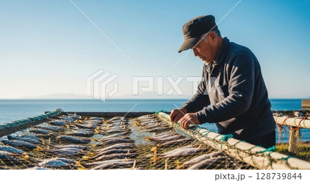 地元の海産物を干す漁師のリアルな作業写真 128739844