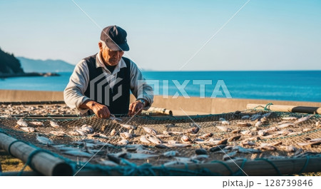 地元の海産物を干す漁師のリアルな作業写真 128739846