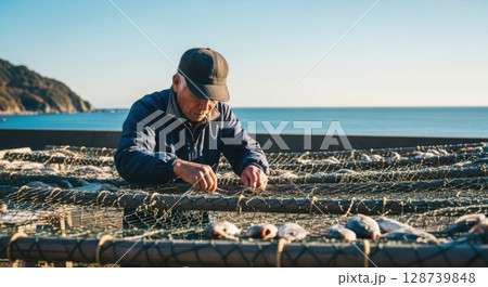 地元の海産物を干す漁師のリアルな作業写真 128739848