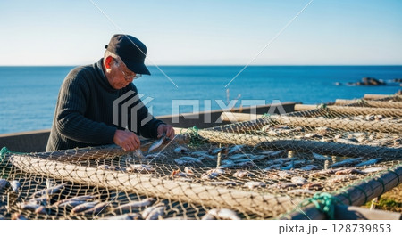 地元の海産物を干す漁師のリアルな作業写真 128739853