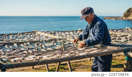 地元の海産物を干す漁師のリアルな作業写真 128739854