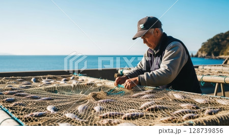 地元の海産物を干す漁師のリアルな作業写真 128739856