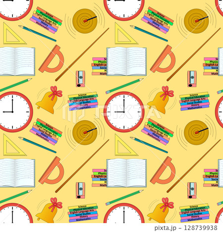 Seamless pattern with school supplies, wall clock, book, pencil, bell, and geometry tools on yellow background. For back to school theme, school stationery design, textile print, and wrapping paper. 128739938