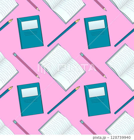 Seamless pattern with cartoon notebook, pen, and pencil flat vector illustration on pink background. For back to school theme, school supplies or stationery design, textile print, and wrapping paper. Seamless pattern with cartoon notebook, pen, and pencil flat vector illustration on pink background. For back to school theme, school supplies or stationery design, textile print, and wrapping paper. 128739940
